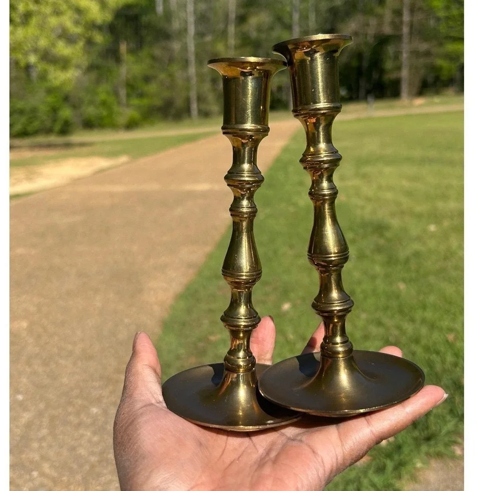 Candlesticks Home‎ 7in Gold Brass Spindle Vintage